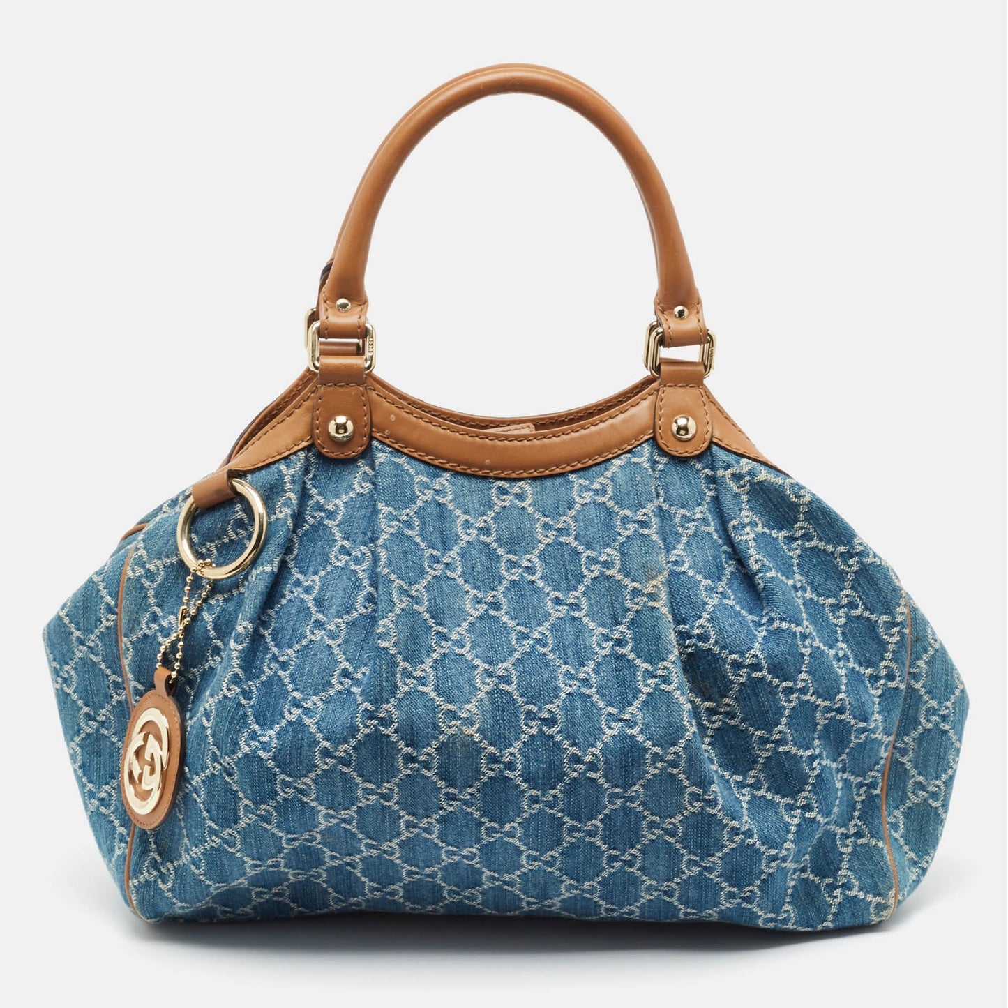 Luxury Gucci Trending 2025 Blue/Brown GG Denim and Leather Medium Sukey Tote