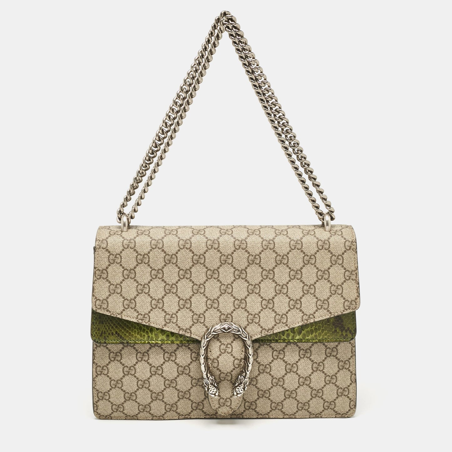 Luxury Gucci Trending 2025 Beige/Green GG Supreme Canvas and Python Medium Dionysus Shoulder Bag