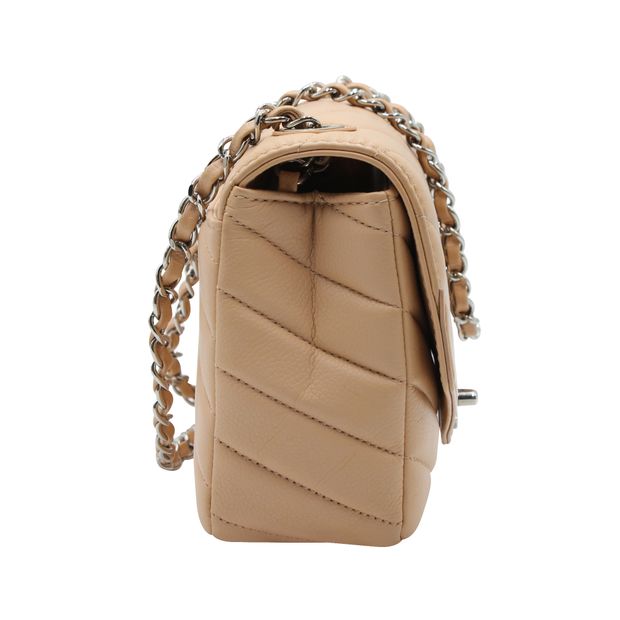 Luxury Chanel Nude Chevron Flap Bag With Silver Hardware