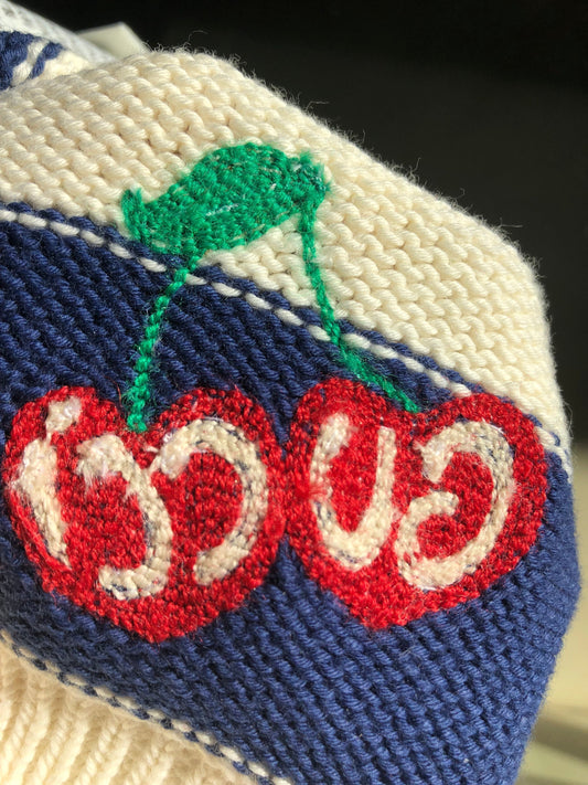 Luxury Gucci Trending 2025 Blue and White Striped Beanie Hat with Cherry Motif