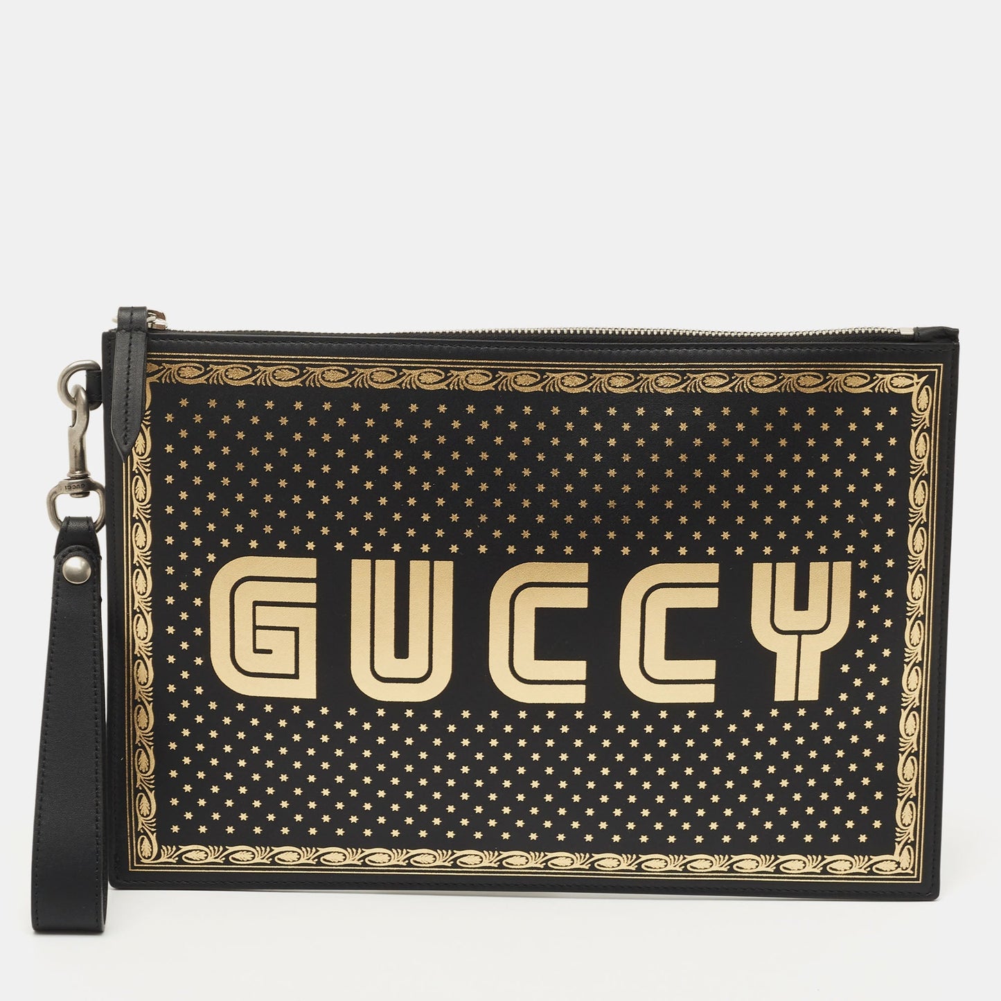 Luxury Gucci Trending 2025 Black/Gold Leather Guccy Zip Wristlet Pouch