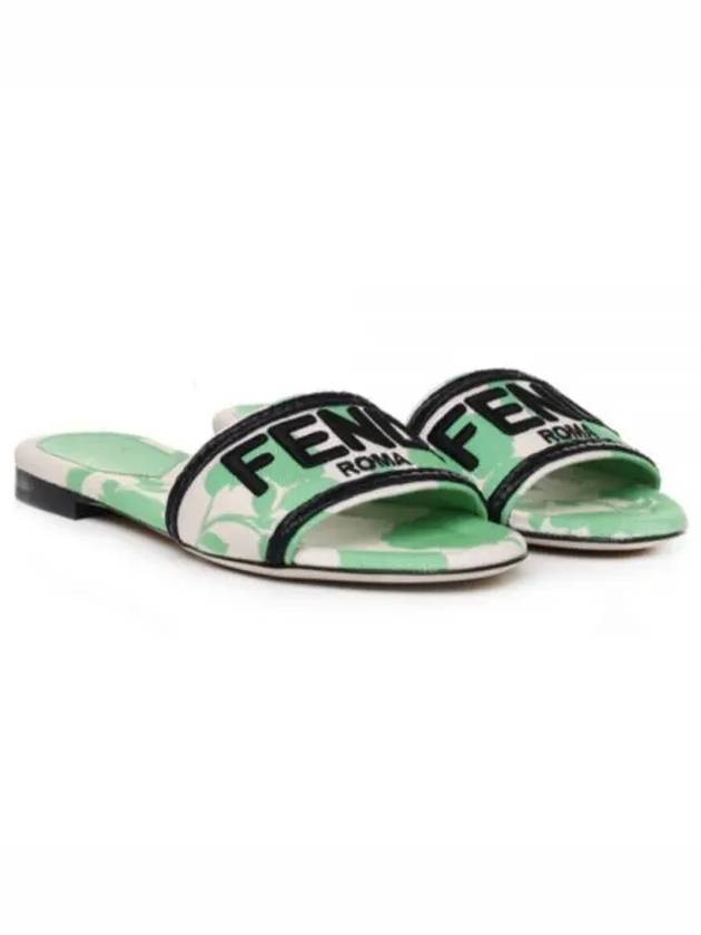Luxury Fendi Rose Print Embroidered Logo Canvas Slide Slippers Green