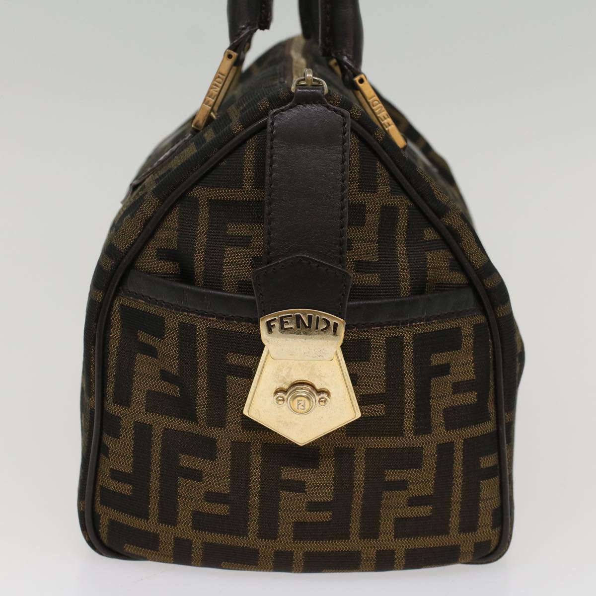Luxury FendiZucca Canvas Boston Bag Leather Black Brownbs7951