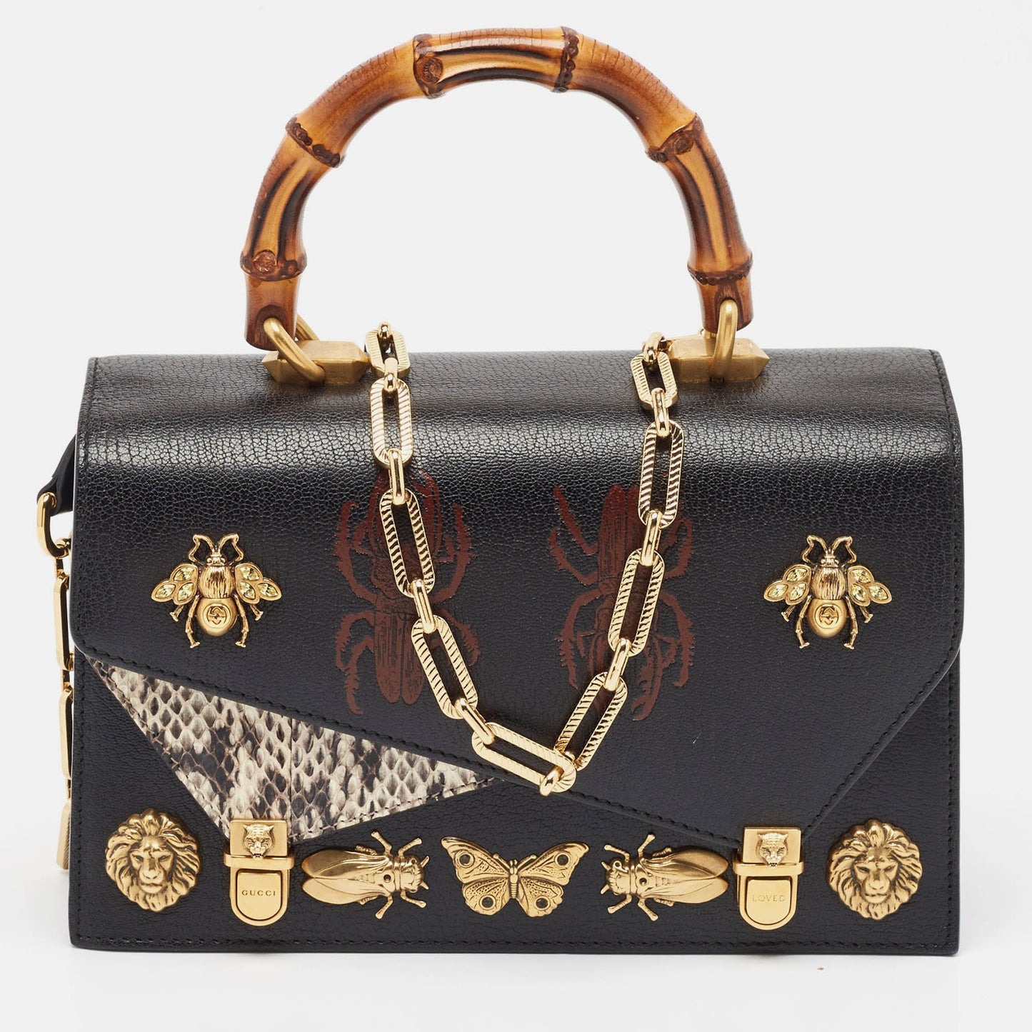 Luxury Gucci Trending 2025 Black Python and Leather Studded Ottilia Bamboo Top Handle Bag