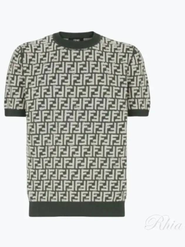 Luxury Fendi FF Motif Knitted Wool Short Sleeve T-shirt Green White