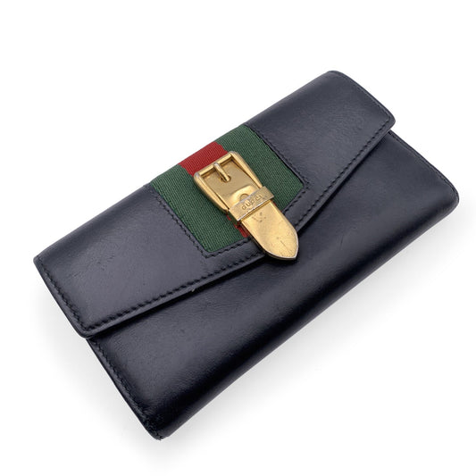 Luxury Gucci Trending 2025 Black Leather Web Signature Sylvie Continental Wallet