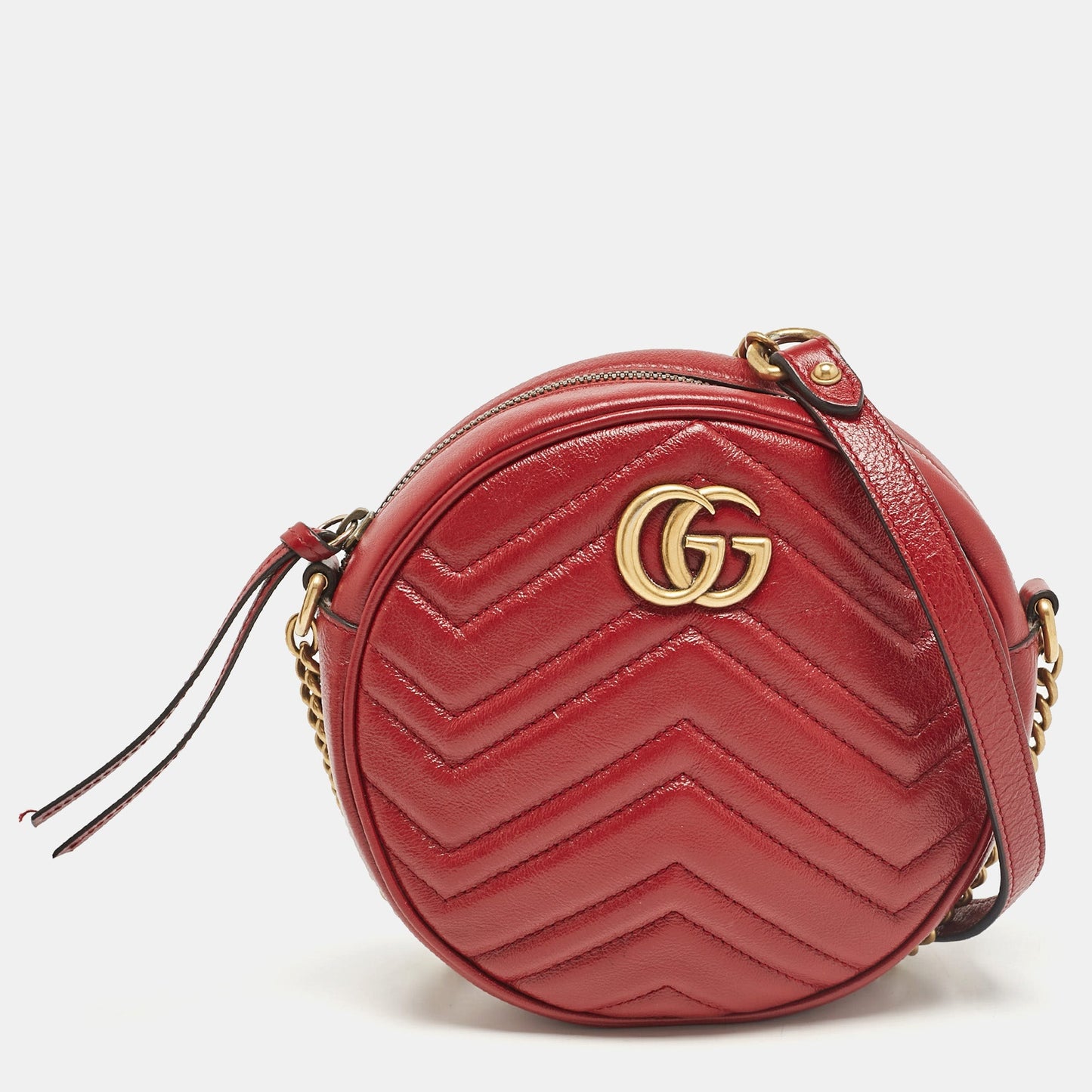 Luxury Gucci Trending 2025 Red Matelassé Leather Mini GG Marmont Round Shoulder Bag