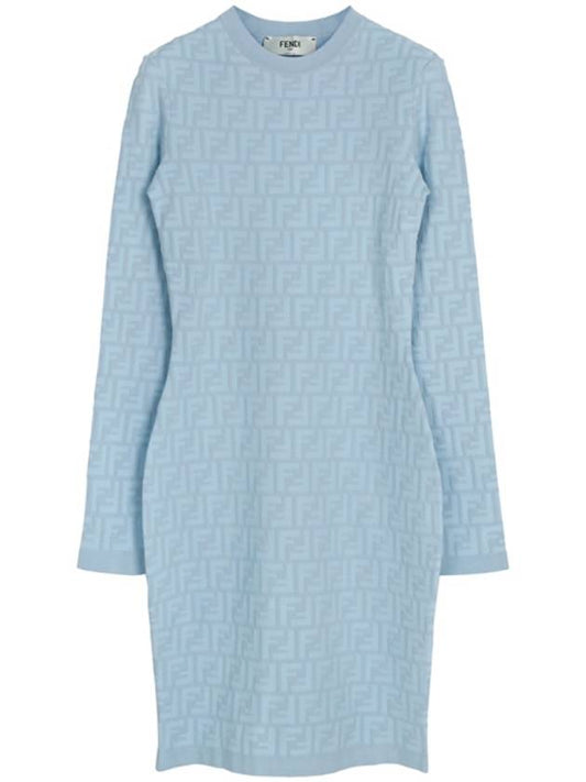 Luxury Fendi FF Pattern Viscose Short Dress Blue