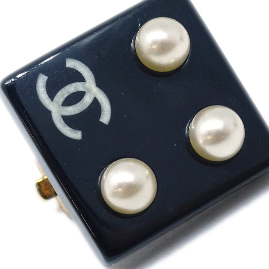 Chanel Artificial Pearl Square Earrings Clip-On Black 03C