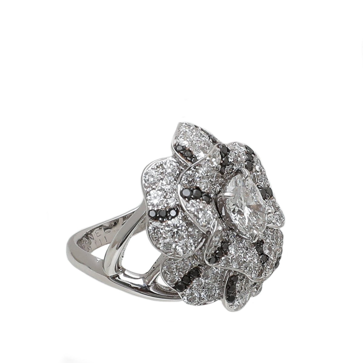 Chanel 18K White Gold Camellia Oval Solitaire W- White & Black Diamond Ring 51
