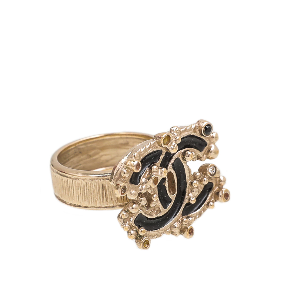 Chanel Black CC Enamel Crystal Ring 57