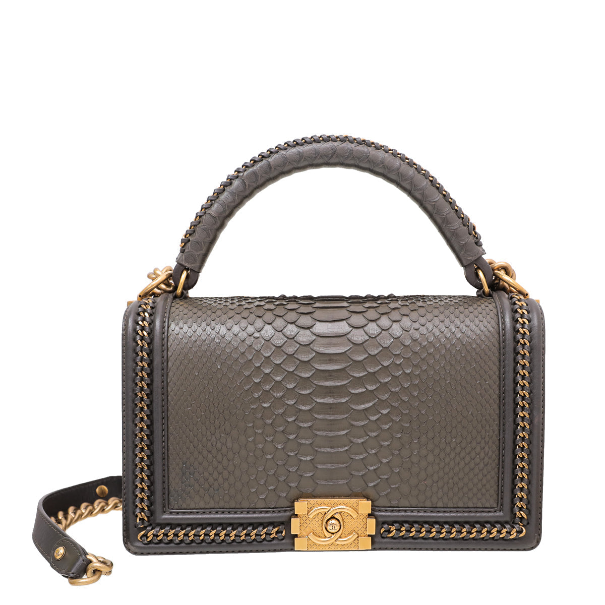 Chanel Dark Gray Python Le Boy Handle Chain Flap Bag