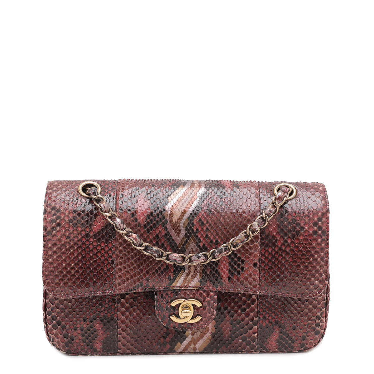 Chanel Red Brown Python Classic Double Flap Bag