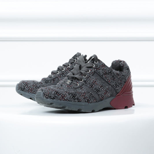 Chanel Grey -Red Tweed Sneakers 39