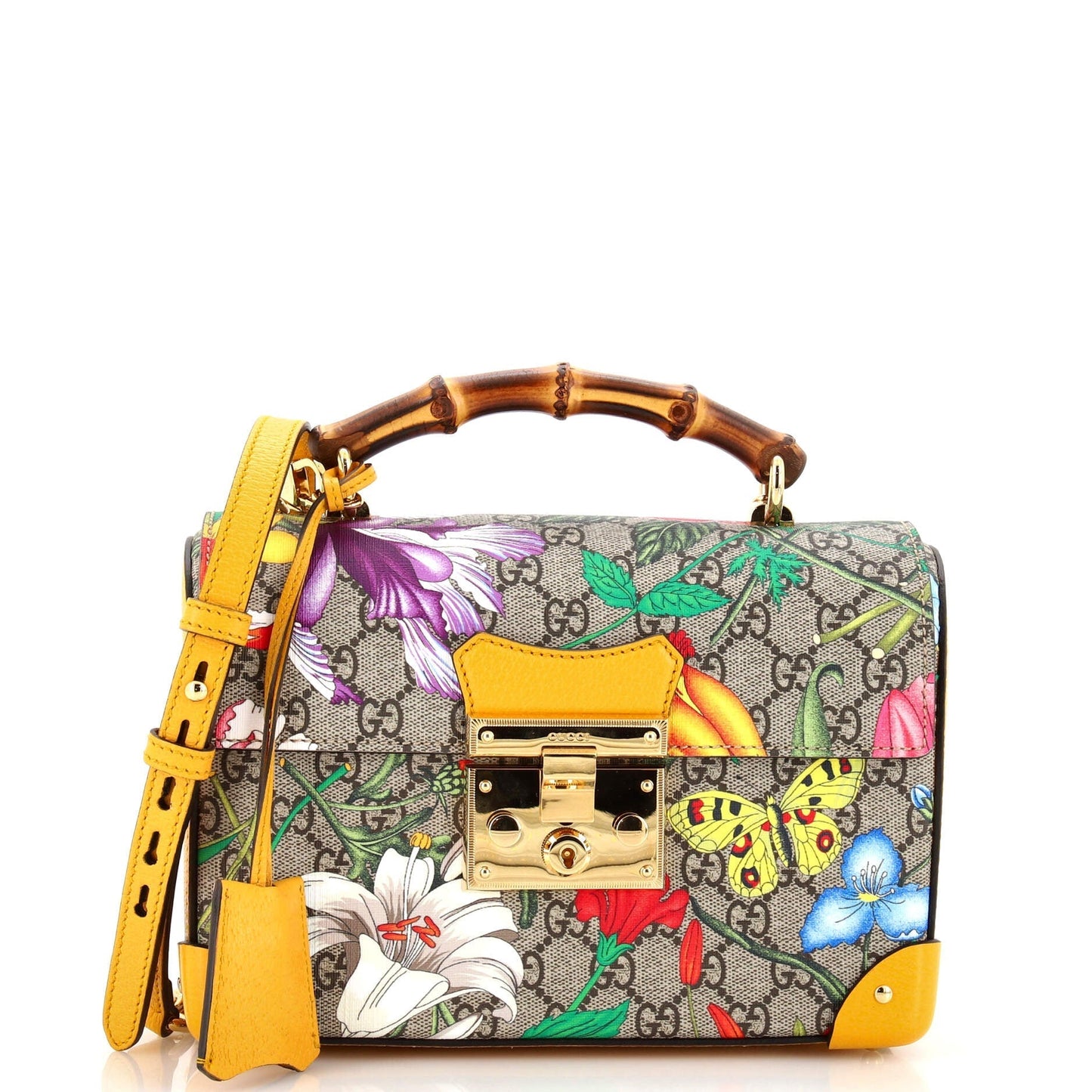 Luxury Gucci Trending 2025 Padlock Bamboo Shoulder Bag Flora GG Coated Canvas Small