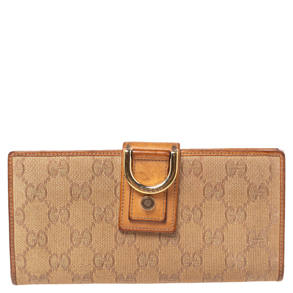 Luxury Gucci Trending 2025 Metallic Beige GG Canvas and Leather D Ring Continental Wallet