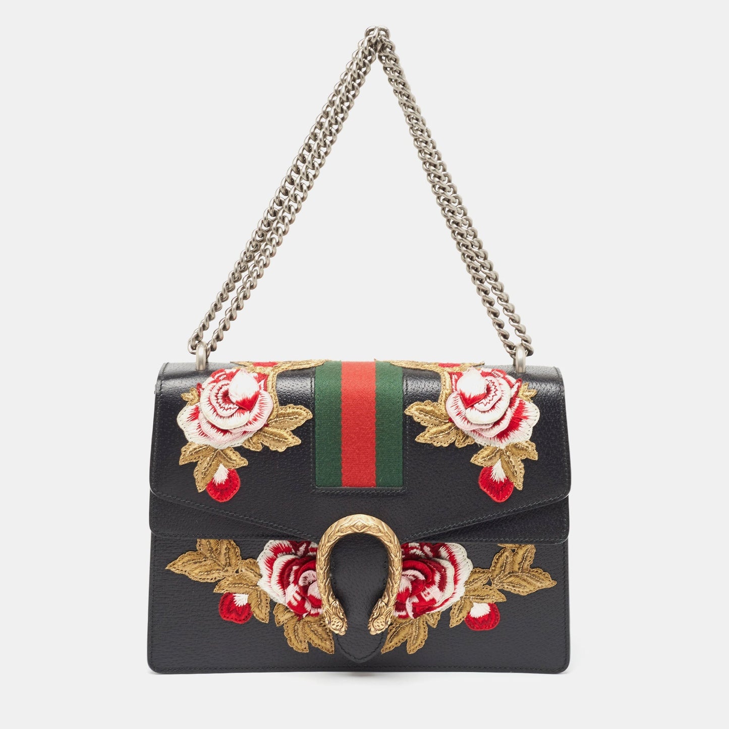 Luxury Gucci Trending 2025 Black Leather Medium Embroidered Web Dionysus Shoulder Bag