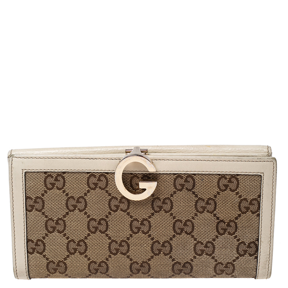 Luxury Gucci Trending 2025 White/Beige GG Canvas and Leather G Bit Flap Continental Wallet