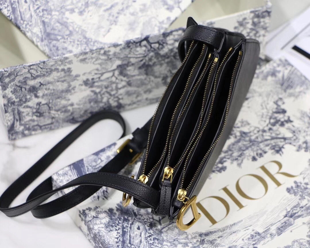 Luxury DiorSaddle Trio Pouch With Strap In Black Calfskin