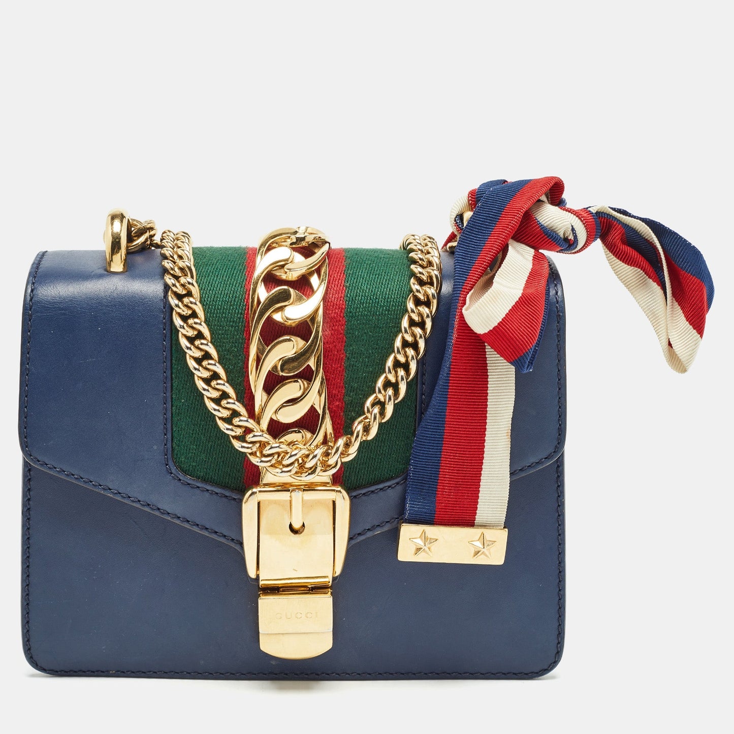 Luxury Gucci Trending 2025 Blue Leather Mini Web Chain Sylvie Crossbody Bag