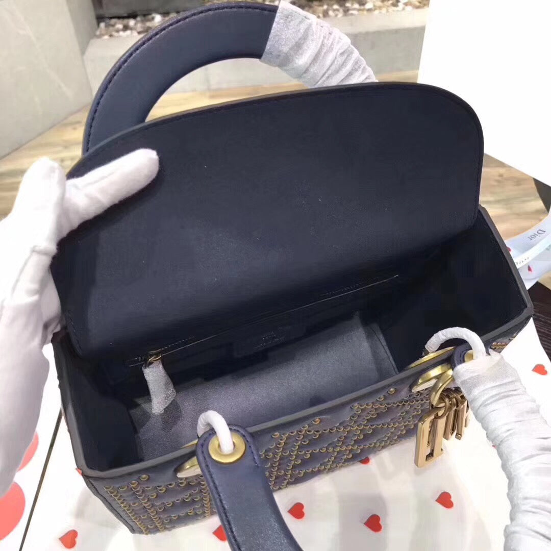Luxury DiorMedium Supple Lady Luxury DiorBag In Navy Studded Calfskin