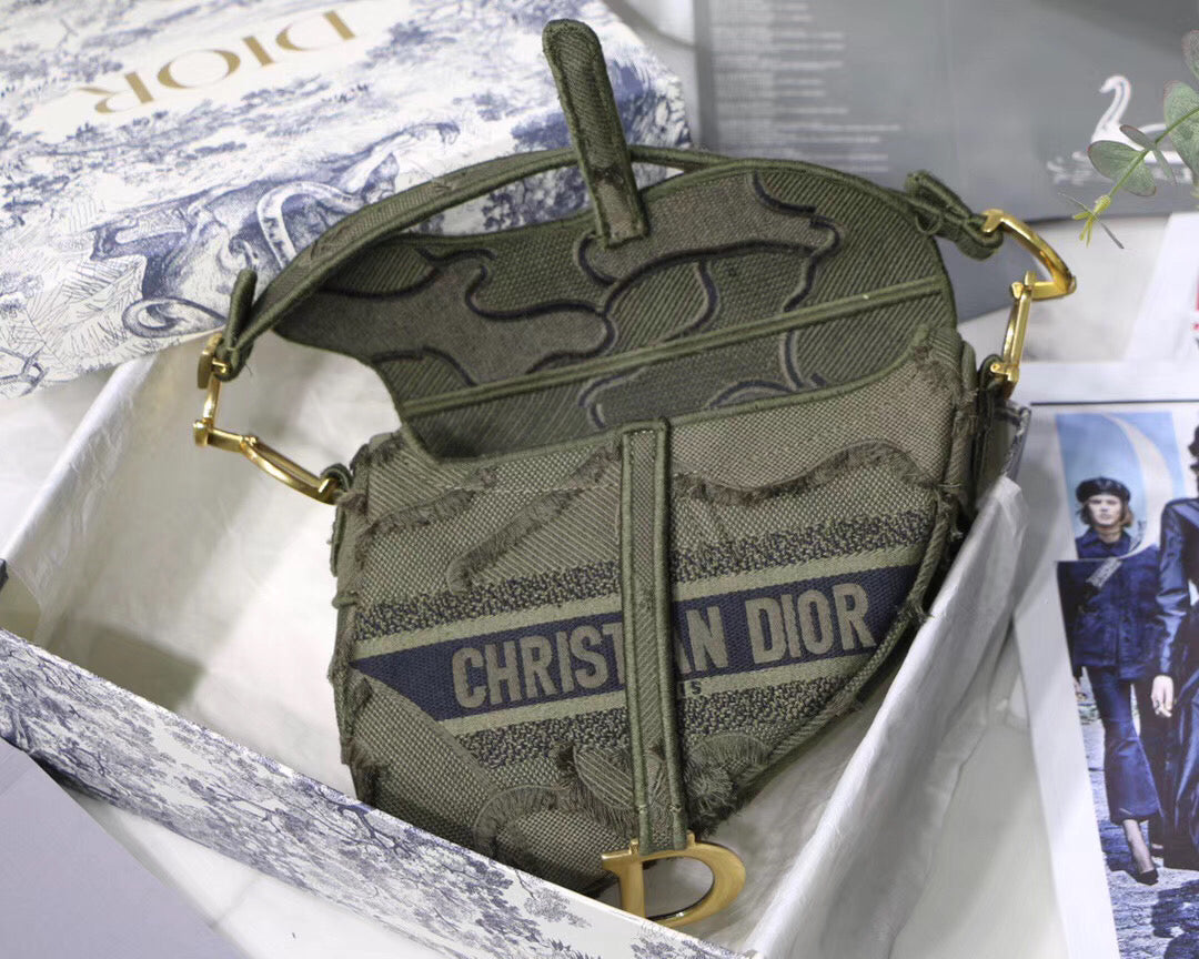 Luxury DiorSaddle Bag In Green Camouflage Canvas