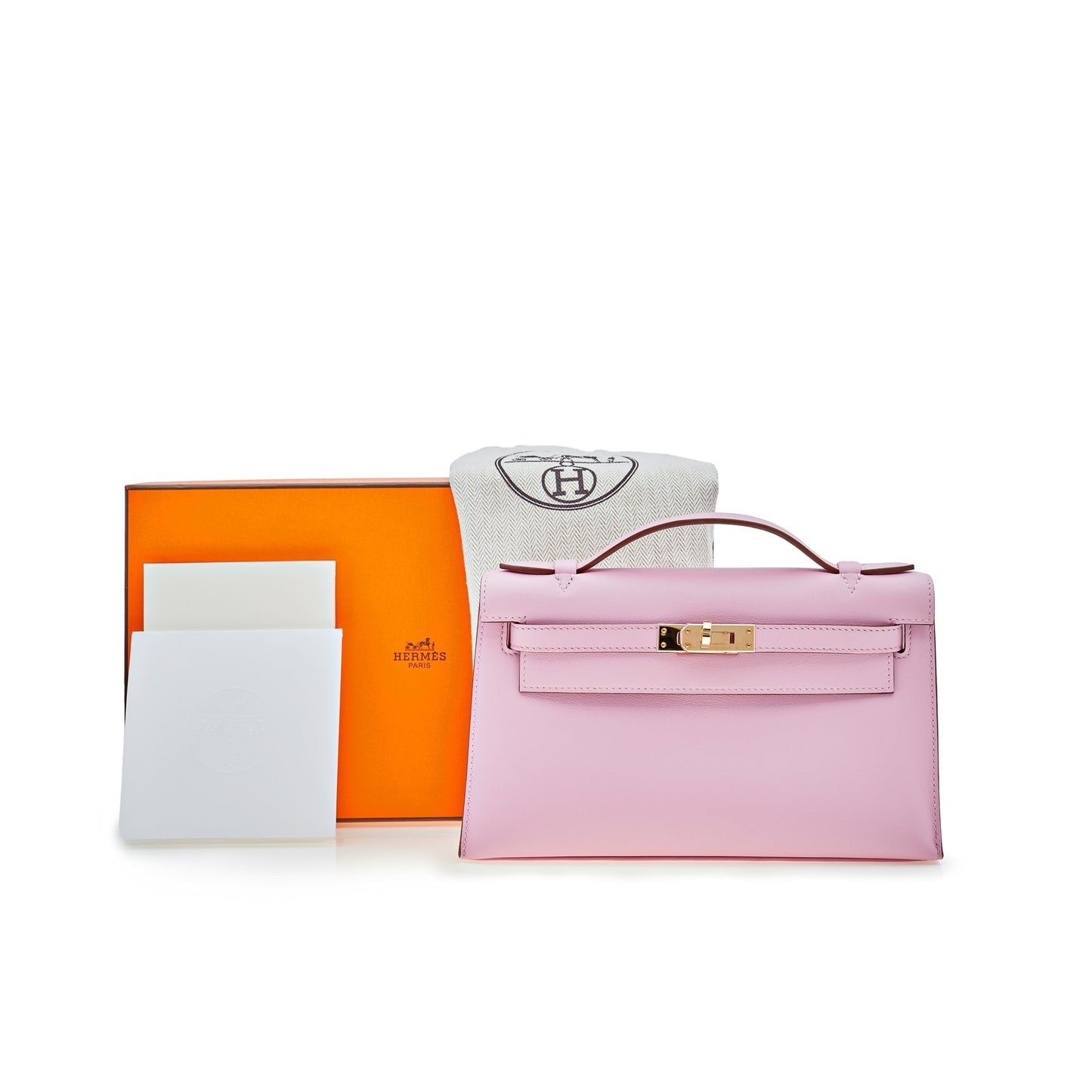 Luxury Hermes Kelly Pochette Mauve Sylvestre Swift Rose Gold Hardware