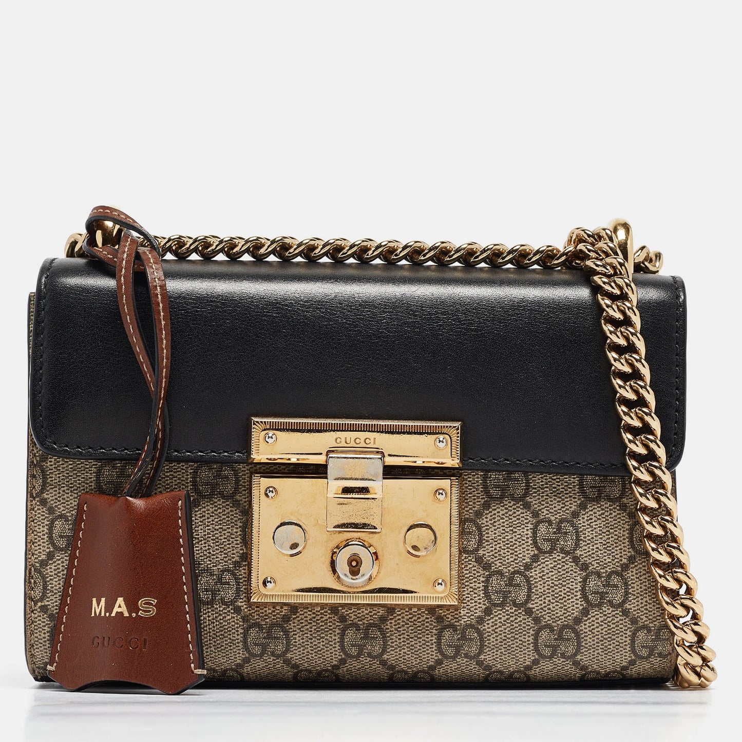 Luxury Gucci Trending 2025 Black/Beige GG Supreme Canvas and Leather Small Padlock Shoulder Bag