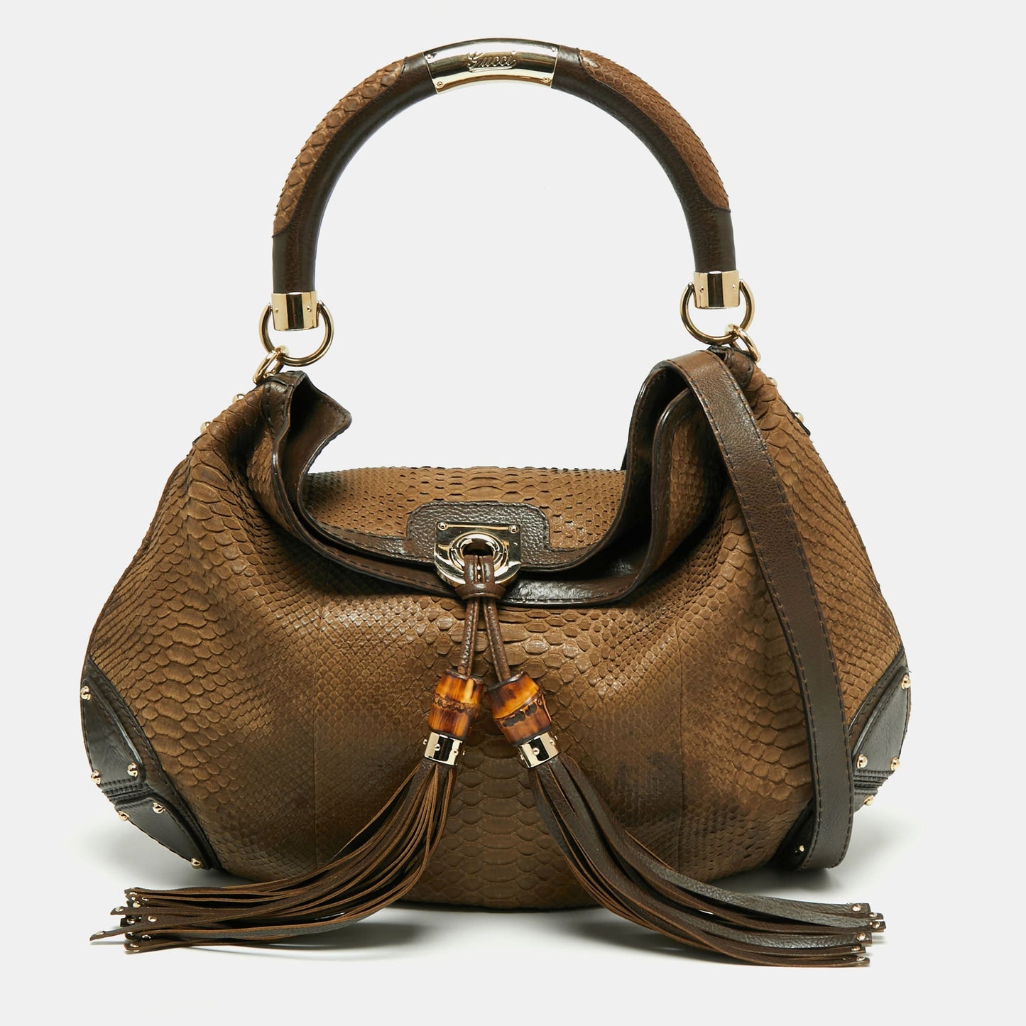 Luxury Gucci Trending 2025 Brown Python and Leather Large Babouska Indy Hobo