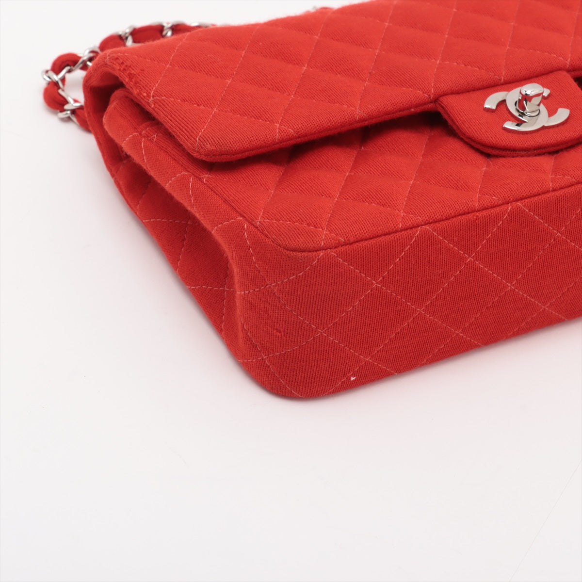 Chanel Matrasse 25 Cotton Double Flap Double Chain Bag Red Silver G 5th A01112