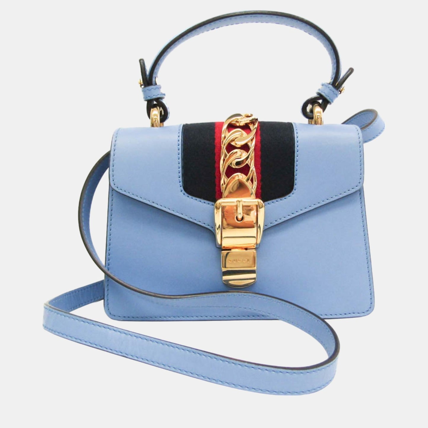 Luxury Gucci Trending 2025 Light Blue Leather Mini Sylvie Top Handle Bag