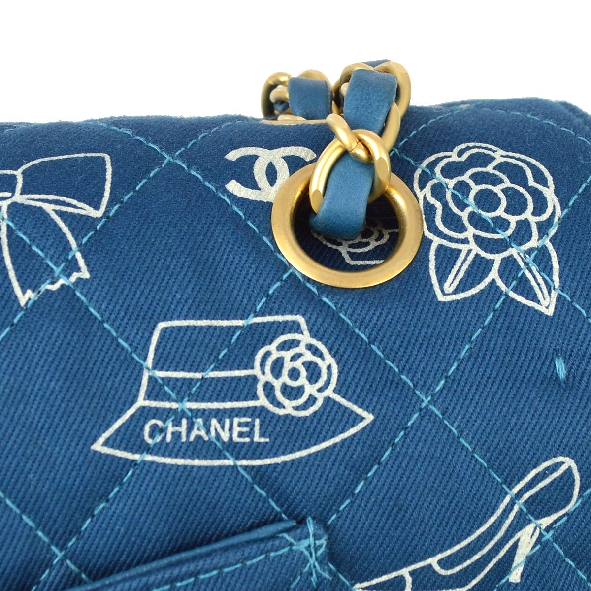 Chanel Blue Canvas Icon Medium Classic Double Flap Shoulder Bag