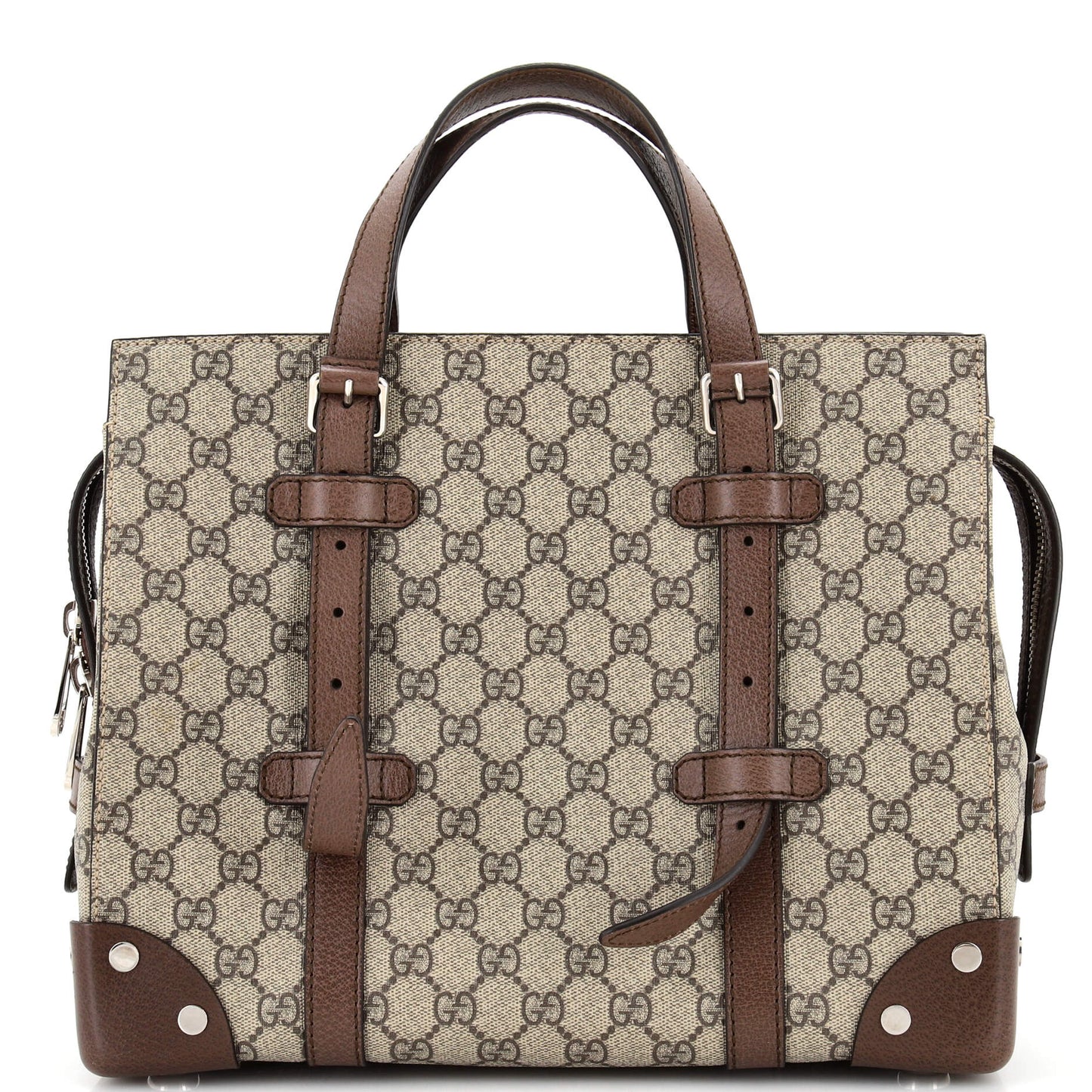 Luxury Gucci Trending 2025 Buckle Travel Tote GG Coated Canvas with Leather Medium