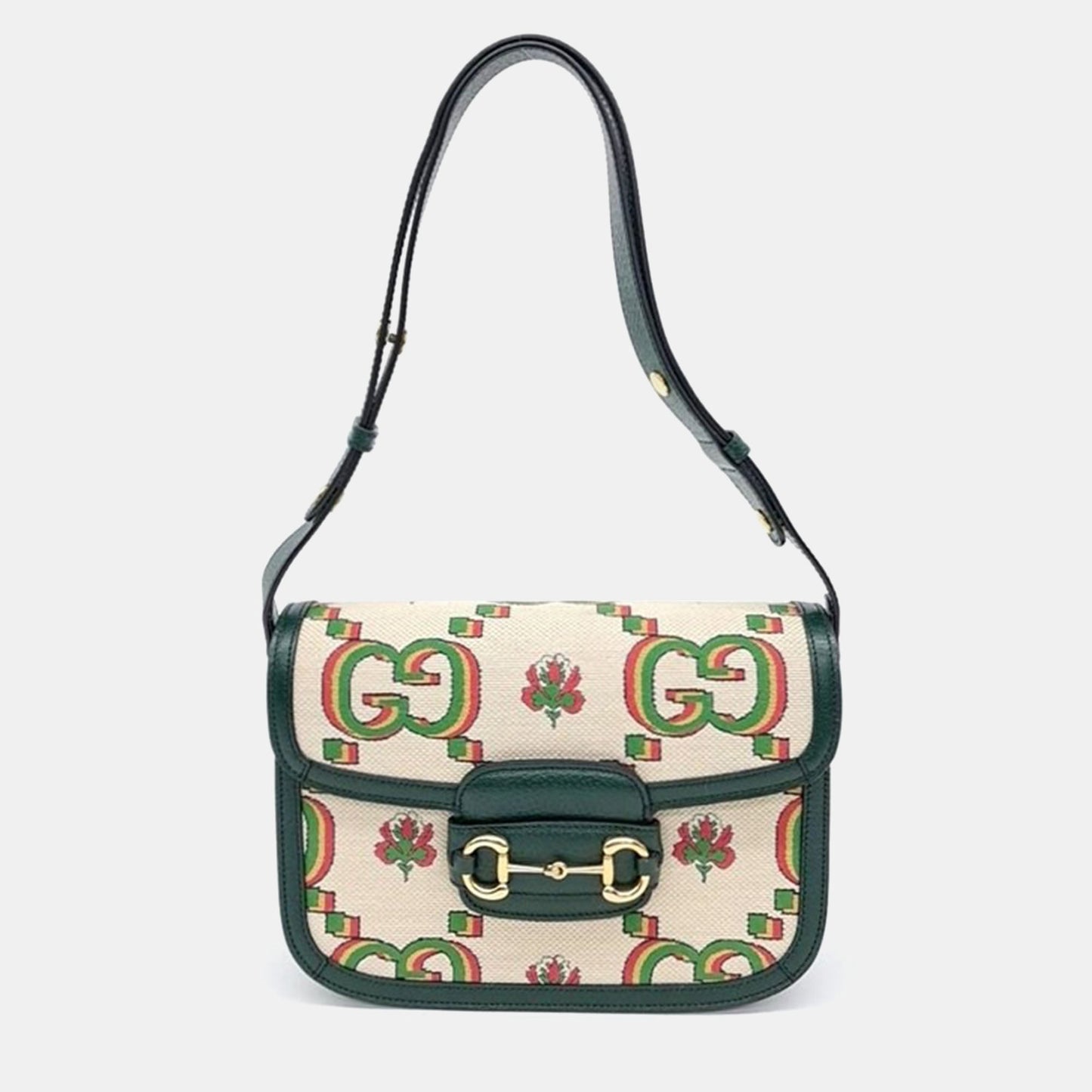Luxury Gucci Trending 2025 Ivory/Green 100th Anniversary 1955 Horsebit Shoulder Bag