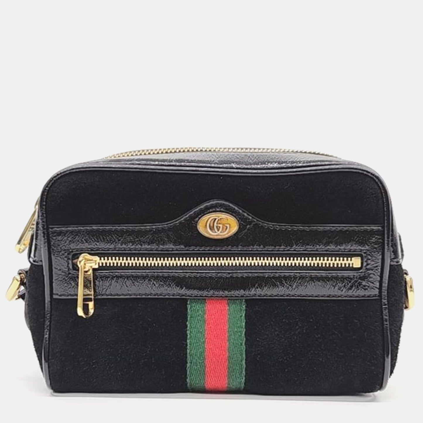 Luxury Gucci Trending 2025 Suede Patent Web Mini Ophidia Shoulder Bag Black