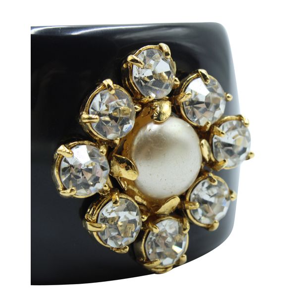 Luxury Chanel Vintage Black Plastic Bracelet - Crystal Embellishments And Faux Pearl