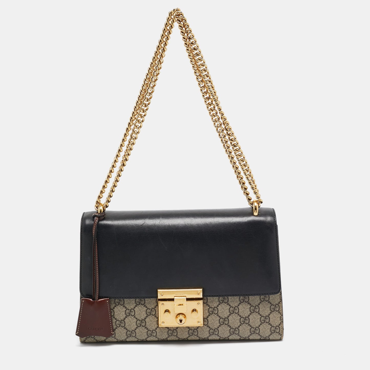 Luxury Gucci Trending 2025 Beige/Black GG Supreme Canvas and Leather Medium Padlock Shoulder Bag