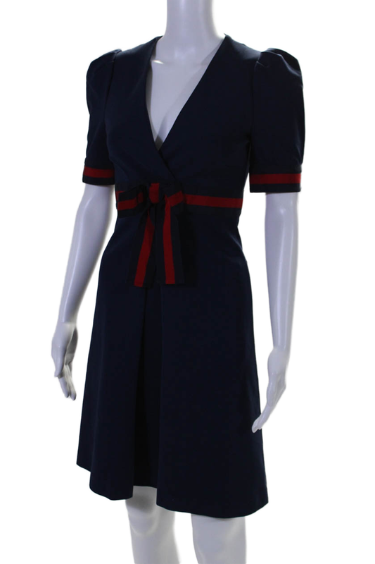 Gucci Womens V Neck Short Sleeves A Line Dress Navy Blue Red