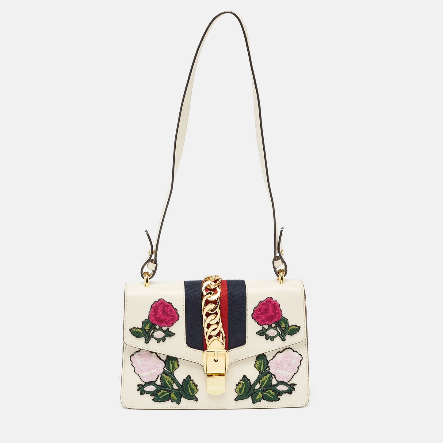 Luxury Gucci Trending 2025 Off White Leather Small Web Embroidered Sylvie Shoulder Bag