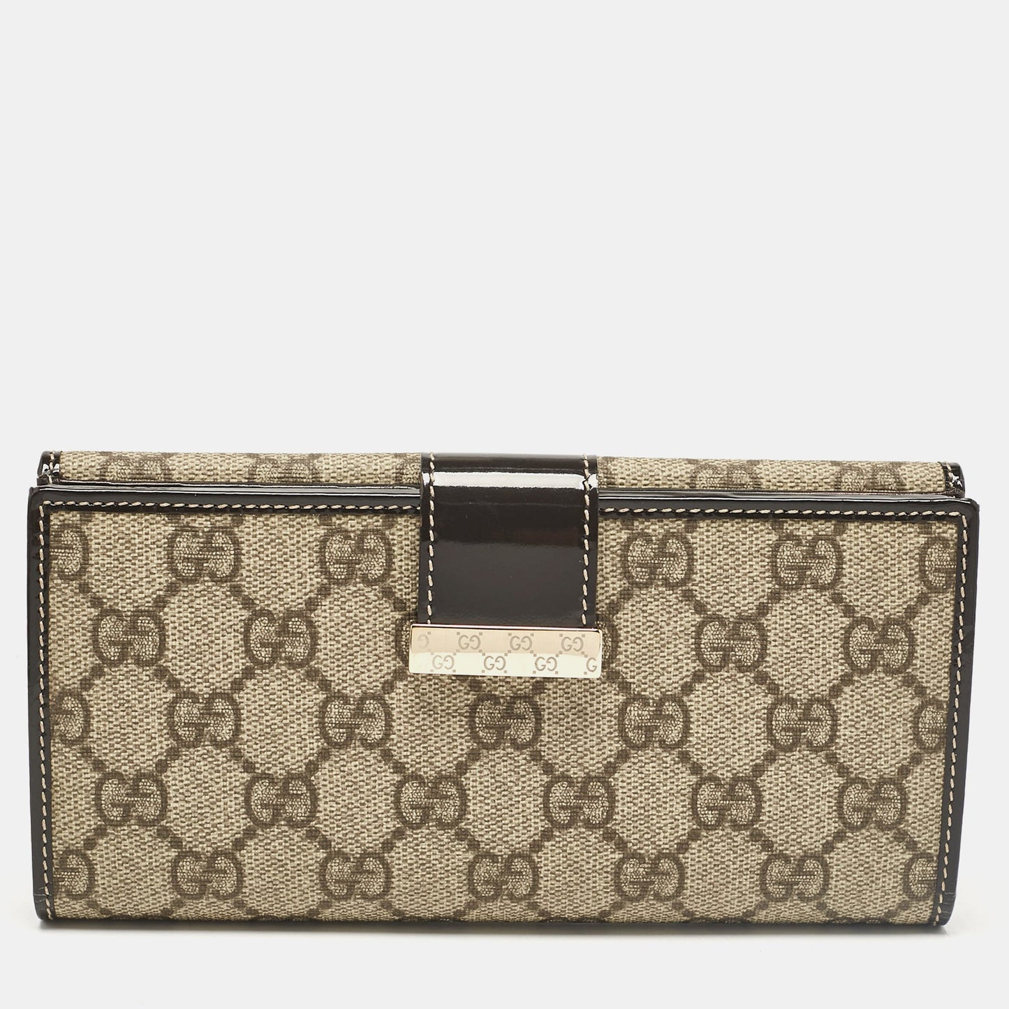 Luxury Gucci Trending 2025 Brown/Beige GG Supreme Canvas and Patent Leather Metal Flap Continental Wallet
