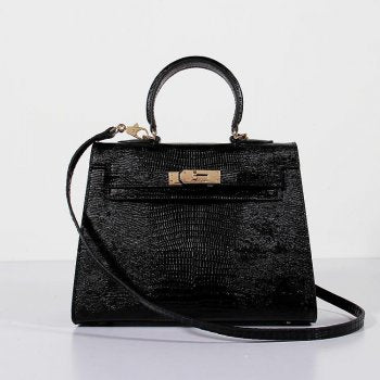 Luxury Hermes Kelly 28cm Lizard Leather Bag Black Gold