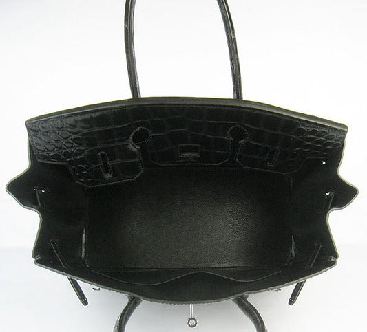 Luxury Hermes Birkin 35cm Crocodile Big Veins Handbags Black Silver