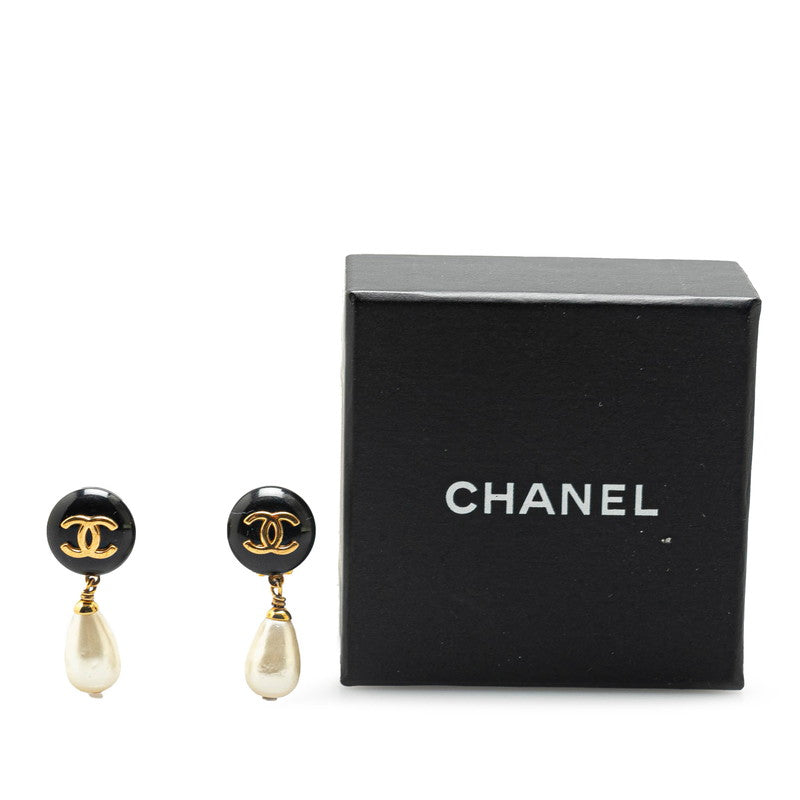 Chanel Vintage Coco Mark Earrings Gold White Black