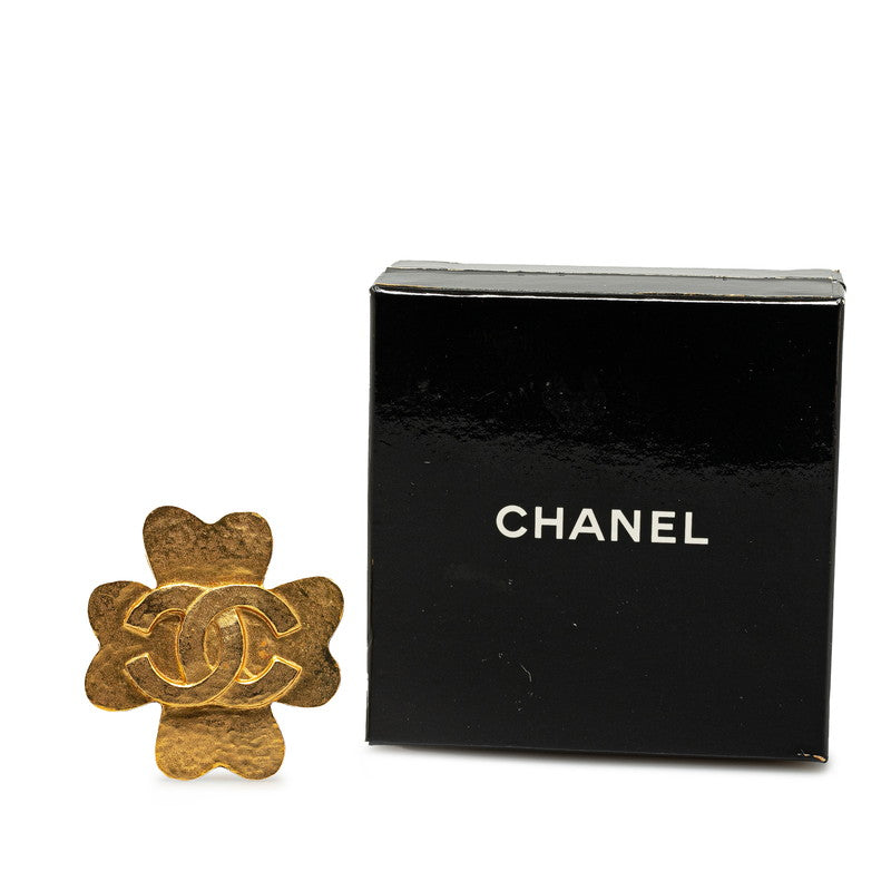 Chanel Vintage Coco Mark Flower Clover Brooch Gold Plated