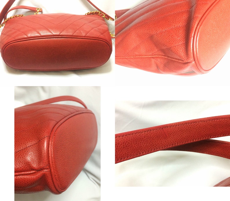 Luxury Chanel Vintage red caviarskin v stitch, chevron style chain shoulder tote bag with golden CC ball charm