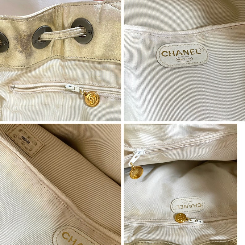 Luxury Chanel Vintage campaign gold lamb leather hobo bucket bag with marble hoop handles and turn lock CC