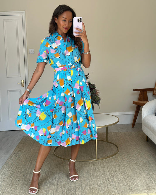 Luxury Gucci Trending 2025 Blue Floral Linen Blend Belted Midi Dress Size IT 40