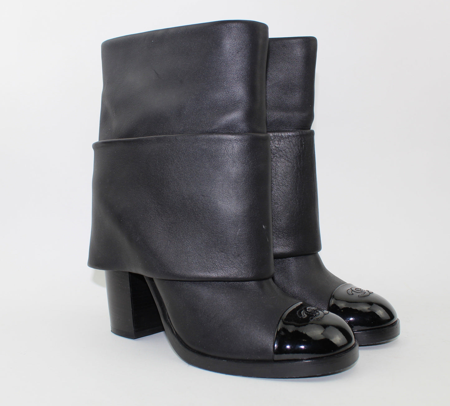 CHANEL CALF LEATHER PATENT CAP TOE FOLD OVER BOOTS