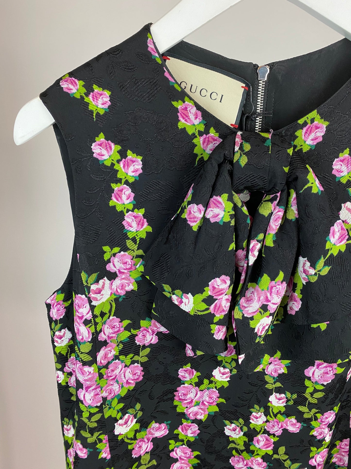 Luxury Gucci Black and Print Rose Printed Bow Dress Size IT 38 (UK 6)