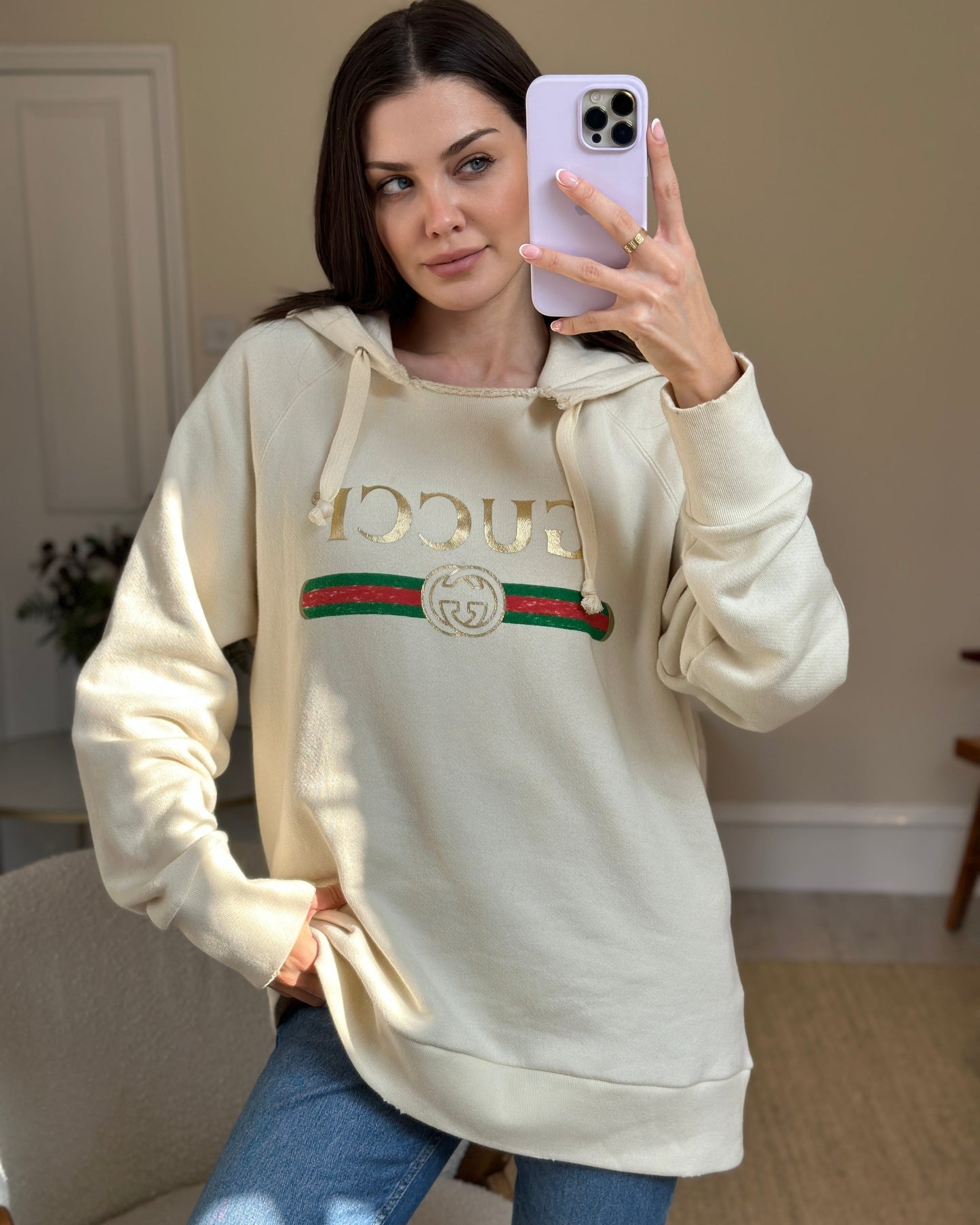Luxury Gucci Cream Logo 'Blind For Love' Hoodie with Back Embroidery Detail Size M (UK 10)